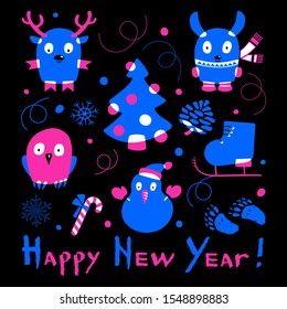 Neon-colored set of Christmas balls, snowman, deer, ice skate, rabbit, owl and Christmas tree on a black background. Happy New Year calligraphy. Vector illustration of winter symbols.