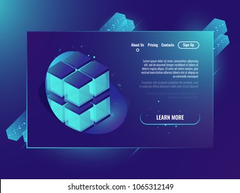 Neone isometric cube, server services page concept, database, futuristic data center Isometric neon cube ultraviolet vector