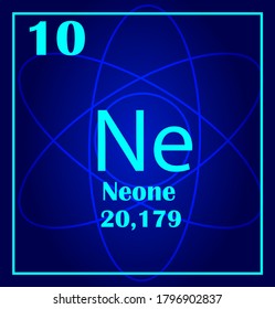 Neone simple style tile icon. Chemical element of periodic table. Atom on a blue background