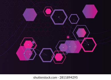 Neon-glowing hexagonal network pattern with purple and pink geometric shapes hexagons