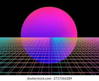 Ilustração vetorial neon-lit com um grande sol gradiente que nasce sobre um piso de grade de perspectiva em cores retro vibrantes. Ilustração vetorial conceitual para a estética synthwave, retrofuturismo dos anos 80, nostalgia de vaporwave e paisagens cibernéticas digitais.