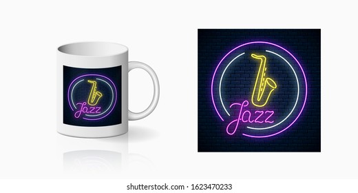 Neonprint of live jazz cafe with live saxophone on ceramic mug mockup. Branding identity design sign of a nightclub with live music on cup. Sound cafe icon. Vector illustration.