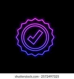 Neon-style checkmark. Purple checkmark. Retro sign with glowing neon vector illustration.