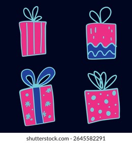 Neon-style gift illustration with pink and blue doodles on black, fun and whimsical vector for party decor and prints