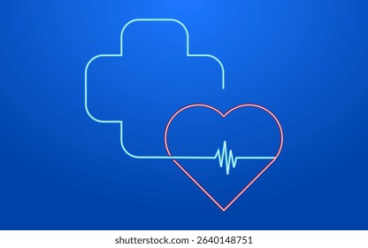 Neon-style medical illustration featuring a glowing heart icon with a pulse line intersecting a medical cross