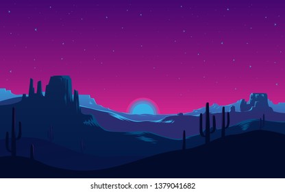 A neon-style purple desert of cyberpunk. Beautiful background with stars. Vector illustration for "80s posters