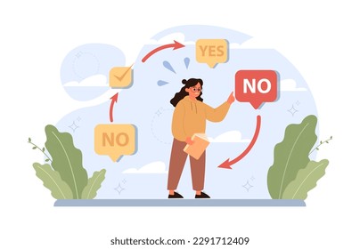 Neophobia, fear of anything new. Fixed mindset, negative emotion about changes and refuse to learn new things. Frustration and suppression. Flat vector illustration