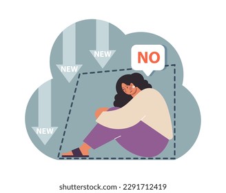 Neophobia, fear of anything new. Fixed mindset, negative emotion about changes and refuse to learn new things. Frustration and suppression. Flat vector illustration