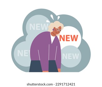 Neophobia, fear of anything new. Fixed mindset, negative emotion about changes and refuse to learn new things. Frustration and suppression. Flat vector illustration