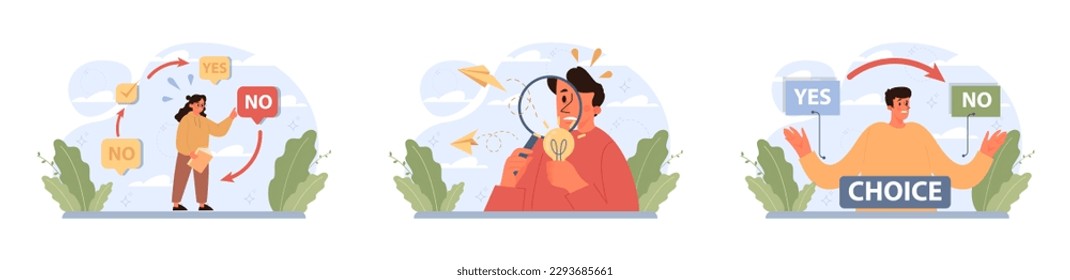 Neophobia, fear of anything new set. Fixed mindset, negative emotion about changes and refuse to learn new things. Frustration and suppression. Flat vector illustration