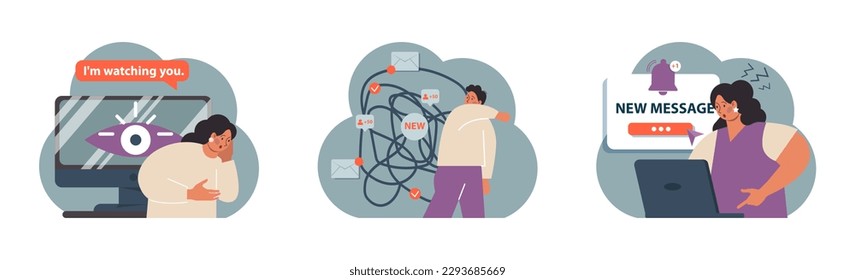 Neophobia, fear of anything new set. Fixed mindset, negative emotion about changes and refuse to learn new things. Frustration and suppression. Flat vector illustration