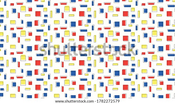 Neoplasticism (Piet\
Mondrian) imitation pattern in Memphis design style. Seamless\
vector background texture.\
Wallpaper.
