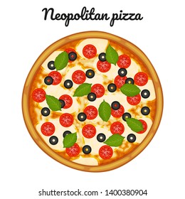 Neopolitan pizza with mozzarella, cherry tomatoes, and basil. Object for packaging, advertisements, menu. Isolated on white. Vector illustration. Cartoon.