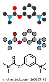 Neostigmine drug molecule. Stylized 2D renderings and conventional skeletal formula. 