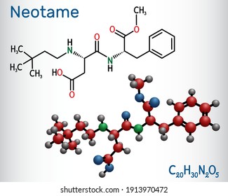 Neotame, sweetening agent, E961 molecule. It is dipeptide, artificial sweetener, aspartame analog. Structural chemical formula, molecule model. Vector illustration svg