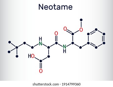 Neotame, sweetening agent, E961 molecule. It is dipeptide, artificial sweetener, aspartame analog. Skeletal chemical formula. Vector illustration svg