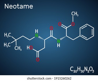 Neotame, sweetening agent, E961molecule. It is dipeptide with peptide linkage, artificial sweetener, aspartame analog. Structural chemical formula on the dark blue background. Vector illustration svg