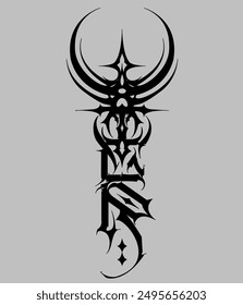 Neotribal aesthetic tattoo in flat design. Hand drawn ornament in cyber sigilism style. Gothic tribal tattoo design vector illustration. "Water" written.