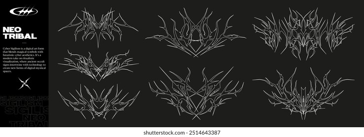 Neo-tribal in cyber-infused style. Gothic tattoo graphic set, Cyber sigilism, digital art. Combination of futurism and ancient magical symbols. Neo tribal and cyber sigilism concept. Vector set