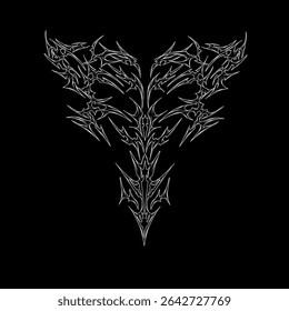 Neo-tribal gothic Y2K ornament, abstract black-and-white symmetrical form. Surreal cyber reflective wings, metallic retro-futuristic object design. Neo-tribal print for t-shirts, posters, and music.	