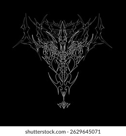 Neo-tribal symmetrical sigilism in abstract white form on a black background for t-shirt and poster prints.