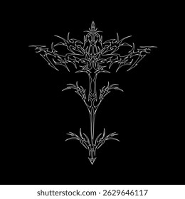 Neotribal tattoo vector illustration. Symmetrical hand-drawn shape with intricate white curved lines on a black background.