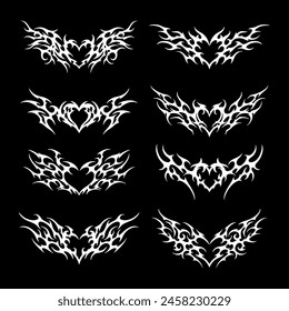 Neotribal y2k aesthetic tattoo in halftone dotted texture. Succubus womb art, cyber sigilism style hand drawn ornaments. Vector illustration of emo gothic tribal tattoo designs.