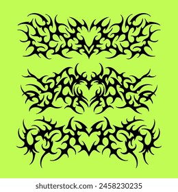 Neotribal y2k aesthetic tattoo in halftone dotted texture. Succubus womb art, cyber sigilism style hand drawn ornaments. Vector illustration of emo gothic tribal tattoo designs.
