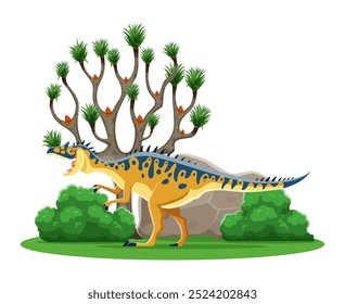 Neovenator personagem dinossauro pré-histórico em um hábitat natural de floresta pré-histórica exuberante com uma árvore, rocha e arbustos. Vetor de desenhos animados isolado antigo réptil carnívoro animal da era cretácea primitiva