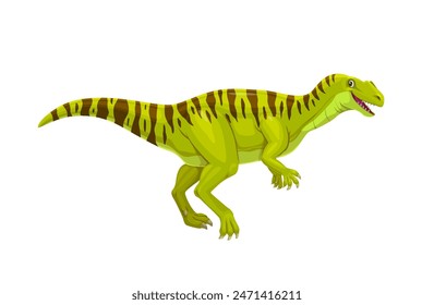 Neovenator prehistoric dinosaur. Isolated cartoon vector ancient reptile animal with green skin, dark stripes, streamlined body, sharp claws and friendly facial expression. Predatory jurassic creature