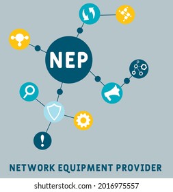 NEP - Akronym des Netzausrüsters. Hintergrund des Unternehmenskonzepts.  Vektorgrafik-Konzept mit Schlagwörtern und Symbolen. Buchstabengrafik mit Symbolen für Webbanner, Flyer, Landung 