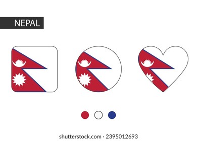 Nepal 3 Formen (Quadrat, Kreis, Herz) mit Stadtflagge. Einzeln auf weißem Hintergrund.