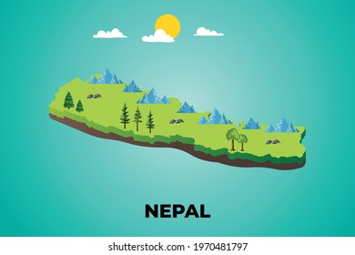 Nepal 3d isometric map with topographic details mountains, trees and soil vector illustration design