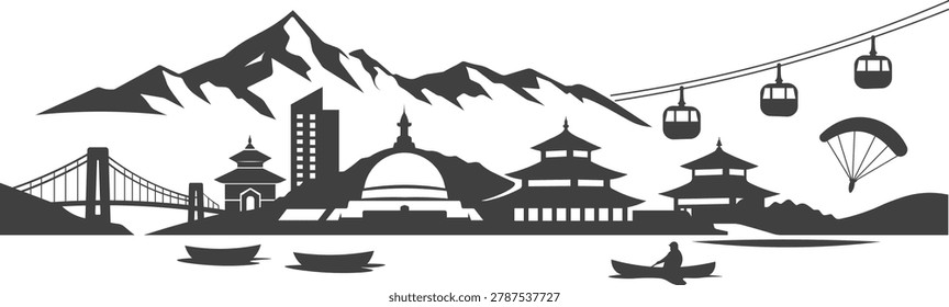 Nepal adventure skyline featuring Himalayan mountains, sacred architecture, cable car, suspension bridge, boats, and paragliding in a clean silhouette composition. Perfect for tourism branding, editorial graphics, outdoor campaigns, and destination marketing.