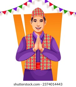 Nepal boy wearing ethnic clothing. Cartoon characters in traditional costume. Costume and Tourist Attractions vector flat illustration