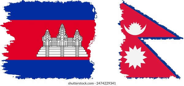 Nepal and Cambodia grunge flags connection, vector
