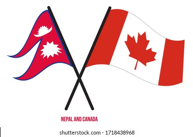 Nepal und Kanada Flaggen überquert und schwingen Flatstyle. Offizieller Anteil. Korrigieren Sie Farben.