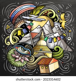Nepal-Cartoon, Vektorgrafik-Kreidepappe. Farbige detaillierte Komposition mit vielen nepalesischen Objekten und Symbolen.