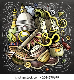 Nepal cartoon vector doodle chalkboard illustration. Colorful detailed composition with lot of Nepali objects and symbols.