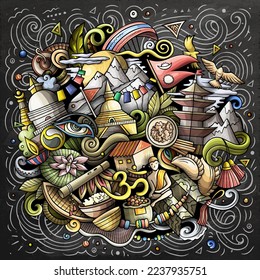 Nepal cartoon vector doodle chalkboard illustration. Colorful detailed composition with lot of Nepali objects and symbols.