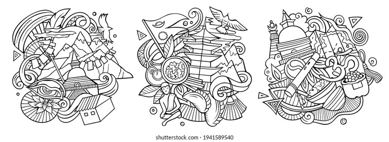 Nepal cartoon vector doodle designs set. Line art detailed compositions with lot of Nepali objects and symbols. Isolated on white illustrations