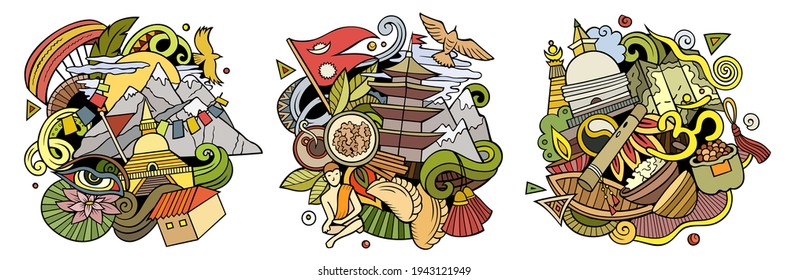 Nepal cartoon vector doodle designs set. Colorful detailed compositions with lot of Nepali objects and symbols. Isolated on white illustrations