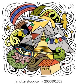 Nepal cartoon vector doodle illustration. Colorful detailed composition with lot of Nepali objects and symbols.