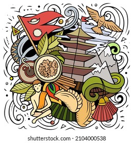 Nepal cartoon vector doodle illustration. Colorful detailed composition with lot of Nepali objects and symbols.