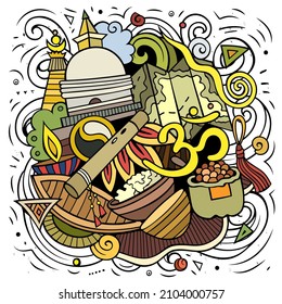 Dibujo del doodle vectorial de Nepal. Colorida composición detallada con muchos objetos y símbolos nepalíes.