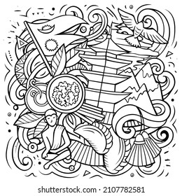 Nepal cartoon vector doodle illustration. Line art detailed composition with lot of Nepali objects and symbols.