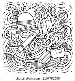 Nepal cartoon vector doodle illustration. Line art detailed composition with lot of Nepali objects and symbols.