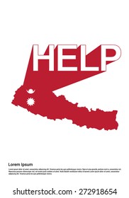 Nepal Charity advertisement. Help Nepal. Creative Typography shadow showing from Napal Map. Creative Help Nepal Poster Template. Napal Map with red blood color background. Vector Illustration.