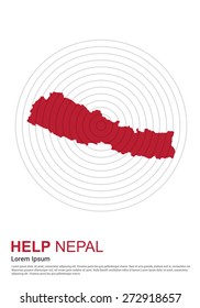 Nepal Charity advertisement. Help Nepal. earth quake location highlighted around map. 