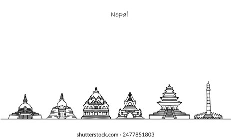 Nepal cityscape. Beautiful buildings and sights of the Asian country. Isolated vector on white background.